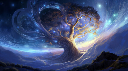Illustration of a beautiful fantasy landscape with a tree in the sky