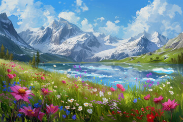 Fototapeta na wymiar Colourful bright flowers growing from snow against the background of snow-covered beautiful mountains