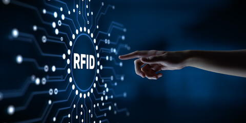 RFID Radio frequency identification. Hands pressing button virtual screen.