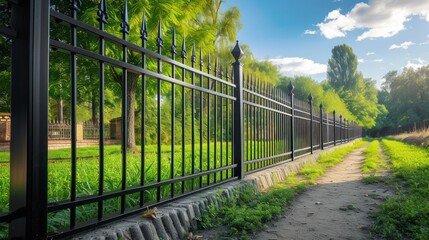The Refined Aesthetics of a Black Iron Fence Bordering an Outdoor Pathway