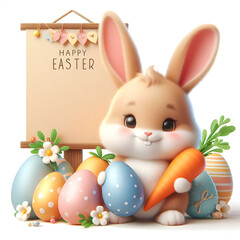 cute smiley furry bunnies holding easter eggs and carrot with placard Peach Fuzz colour 3d illustrations