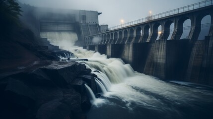 Photos of Long exposure of white waterfall dam sustainability renewable hydro power plant --ar 16:9 --v 5.2 Job ID: 7654b45f-153e-41ee-9913-b8e43fb0e3bd