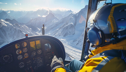 Inside helicopter photo of pilot in Rotorcraft cockpit flying over high altitude valleys mountains, glaciers and over 7000m peaks. Travel, active people, beauty in Nature, traveling insurance concept.