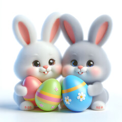 Easter two white Rabbit holding  eggs  3d illustrations