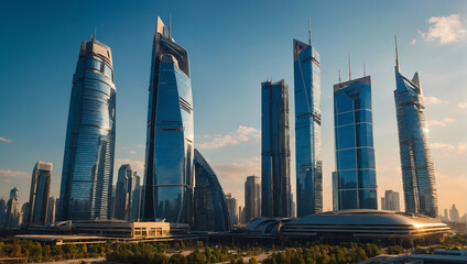 Futuristic cityscape photograph with state-of-the-art skyscrapers, a dynamic financial center, and a warm blue background illuminated by rays of sunlight.