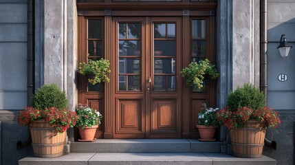 Fototapeta na wymiar An Exquisite Front Door with Square Windows and Blossoming Flower Pots Enhancing Its Appeal
