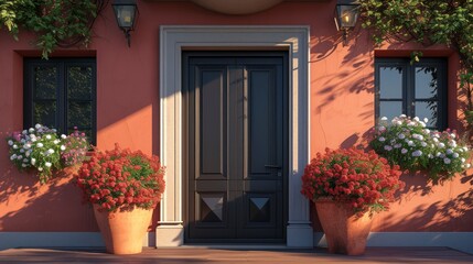 Fototapeta na wymiar A Captivating Front Door with Square Windows, Paired Perfectly with Ornamental Flower Pots
