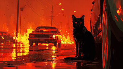 Black cat with red eyes on the background of a burning building - obrazy, fototapety, plakaty