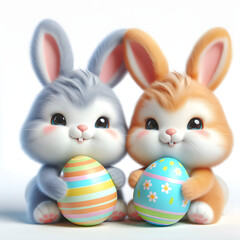 Happy Easter cute smiley two brown and silver Rabbit holding egg 3d illustrations