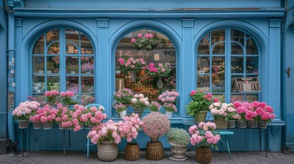 Fototapeta na wymiar A Blue Flower Shop's Arched Windows Offer a Glimpse into a World Filled with Pink Peonies