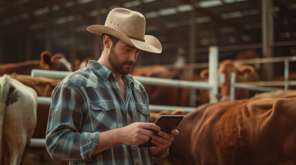 Smart farming: A dairy farmer holding a tablet device in a shed. Implementing technology in cattle farming - obrazy, fototapety, plakaty