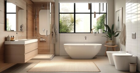 Contemporary Elegance - A Modern Bathroom Blending Wooden Floors and Wall Panels in Light Beige Tones, Bathed in Natural Light