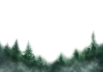 Watercolor painting depicting a misty forest of green pine trees, isolated on a white background