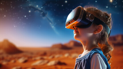 School child with virtual reality glasses studying astronomy against the background of the surface...