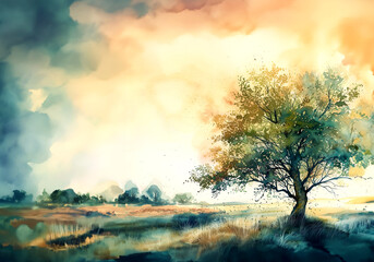 Watercolor painting of landscape featuring a lone tree amidst golden fields