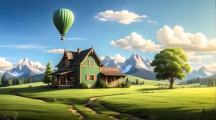 Fototapeta na wymiar Old wood house in the green field with trees and distant mountains far away, hot air balloon in the sky.