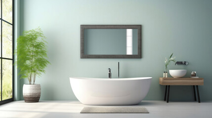 Fototapeta na wymiar a mirror and table in modern bathroom with bathtub and green wall.