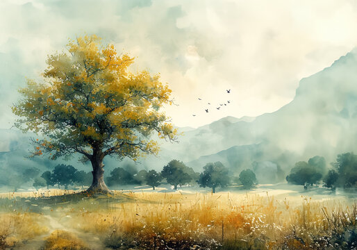 Watercolor painting of landscape featuring a lone tree amidst golden fields