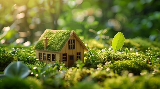 A small model house stands amidst lush greenery. The image emphasizes the harmony between architecture and nature