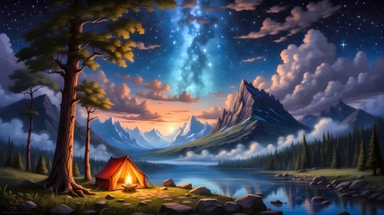 Fotobehang Beautiful Landscape With River Mountains, and trees, milky way in the sky and clouds and stars, camp tent beside the river with campfire. © CreaTvt