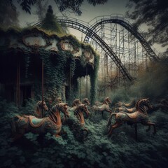 Derelict carousel sits in a foggy wasteland

