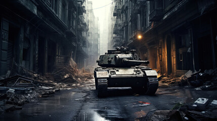 A tank in ruined city street. - obrazy, fototapety, plakaty