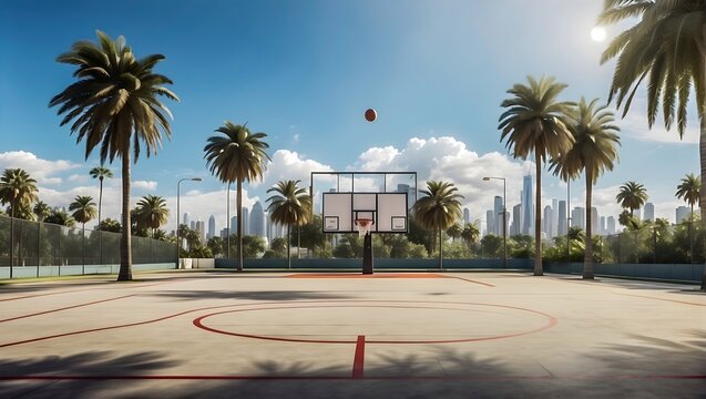 Outdoor Basketball court with palm trees, clouds in the sky and distant urban buildings.
