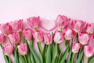 Obraz premium a wallpaper with pink tulips, botanical style, pink background, copy space. Concept International Women's Day