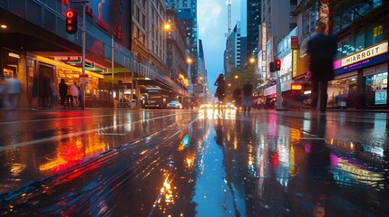 Fototapeta na wymiar Rainy Evening Reflections on Bustling City Street - Generative AI