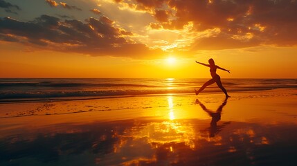 Energetic Dance on the Beach at Sunset with Reflections on Wet Sand - Generative AI
