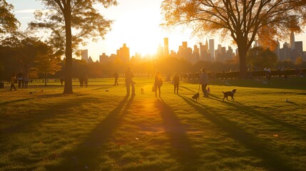 Golden Sunset in Urban Park with Silhouettes and Long Shadows - Generative AI