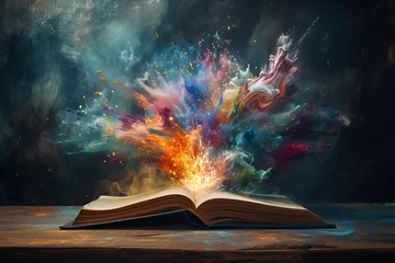 Papier Peint photo Univers Magical Burst of Colors Emerging from Open Book on Dark Background - Generative AI