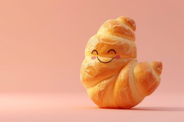Cute croissant baby with happy face 3d cartoon character, solid pink color background - obrazy, fototapety, plakaty