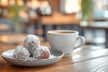 Chokladbollar sprinkled with coconut lie on a light plate on wooden table, next to a cup of coffee, from behind is a blurred cafe interior, traditional Swedish dessert - obrazy, fototapety, plakaty