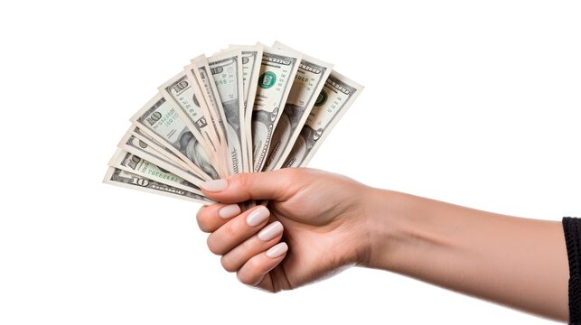 Hands holding stack of dollar cash bills isolated on a white background. Success, Shopping, payment, banking operations. Money, wealth, AI generated