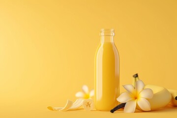 3d mockup bottle of cream yellow smoothie with fresh banana and vanilla pod near, minimalism
