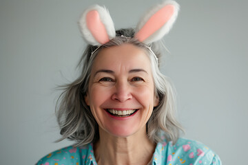 Happy senior woman wearing easter rabbit headband with ears on background.