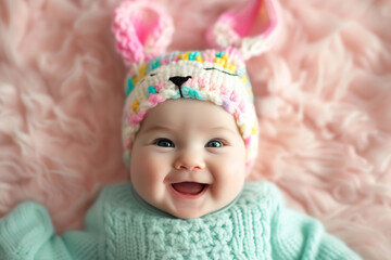 Newborn baby in bunny ears headband on Easter eggs background. Happy Easter Day.