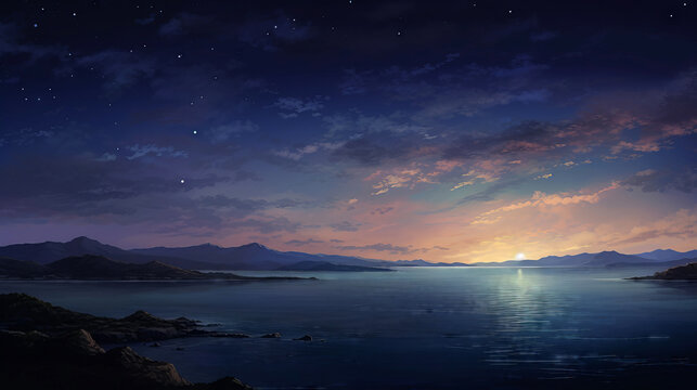 Beautiful seascape with mountains at night