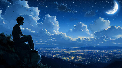 Silhouette of man sitting on the edge of a cliff and looking at the city at night
