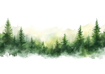 Watercolor painting depicting a misty forest of green pine trees, isolated on a white background