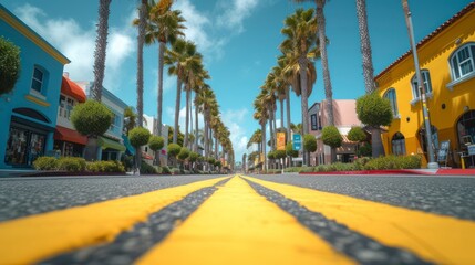 A Street Distinguished by a Luminous Yellow Line, with Palm Trees Standing Guard Alongside - obrazy, fototapety, plakaty