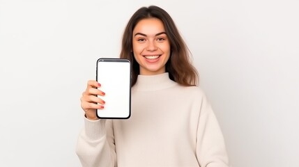 Naklejka premium Beautiful young woman with mobile phone, white wallpaper ,on color background. for writing space