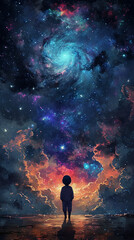 Fototapeta premium Little boy looking at the outer space