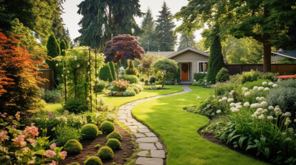 Obraz premium Beautifully landscaped backyard with lush gardens.