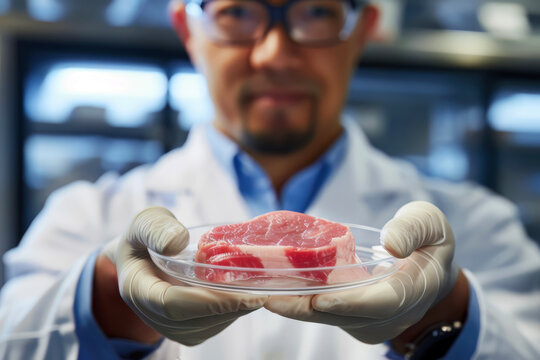 Scientist holding a petri dish with cultured meat (In Vitro Meat) 