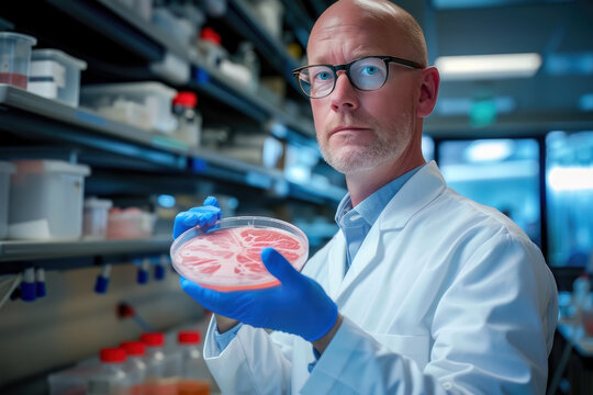 Scientist holding a petri dish with cultured meat (In Vitro Meat) 
