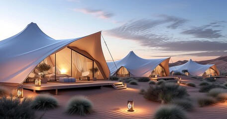 Luxurious Glamping in the Desert, Surrounded by Sand Dunes and Equipped with Eco Tents - obrazy, fototapety, plakaty