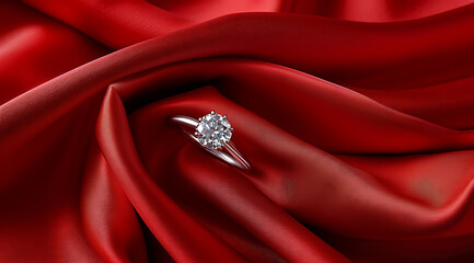 a diamond engagement ring sits on top of a red silk s