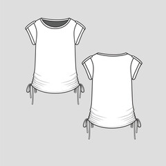 Side Gathering Knotted t shirt Top roll up Sleeve Flap with button Side Hem Knot tie Crew neck  fashion  blouse Flat Sketch technical drawing template design vector